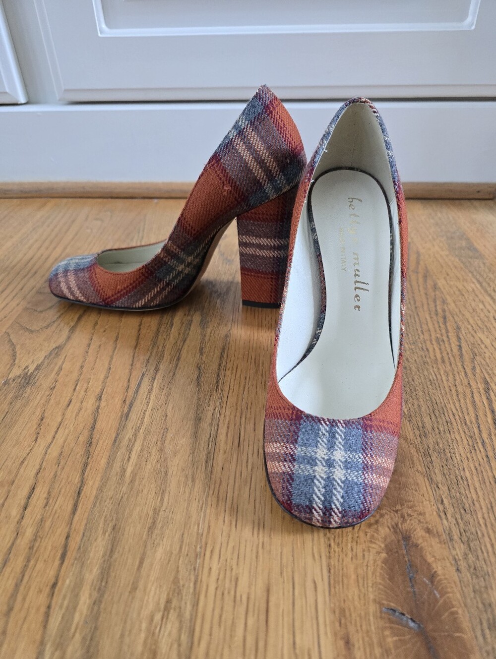 Bettye Muller Orange and Gray Plaid Block Heel Pumps
